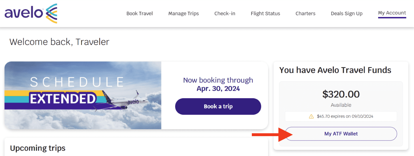 Avelo manage trip "My ATF Wallet"
