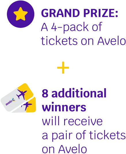 Grand Prize: A 4-pack of tickets on Avelo + 8 additional winners will receive a pair of tickets on Avelo