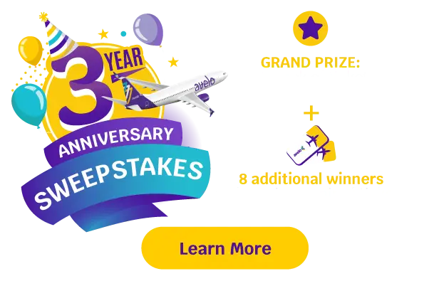 Grand Prize: A 4-pack of tickets on Avelo + 8 additional winners will receive a pair of tickets on Avelo