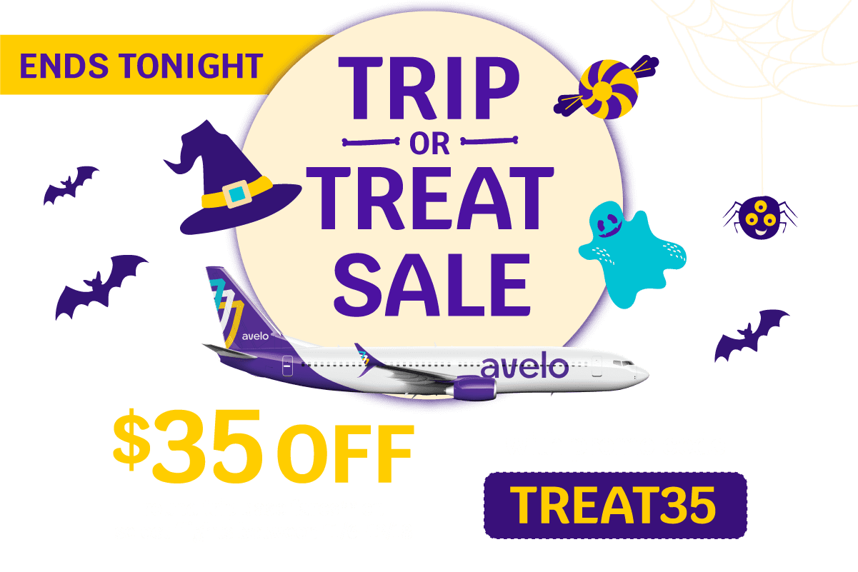 ENDS TONIGHT | TRIP OR TREAT SALE | $35 OFF round trip base fares** on select flights between 11/6-12/18 with promo code TREAT35