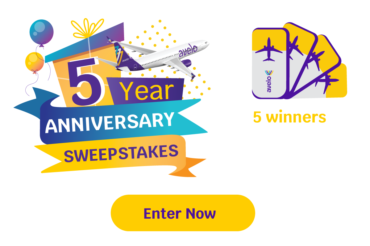 5 Year Anniversary Sweepstakes - 5 winners will receive 4 tickets on Avelo - Enter Now